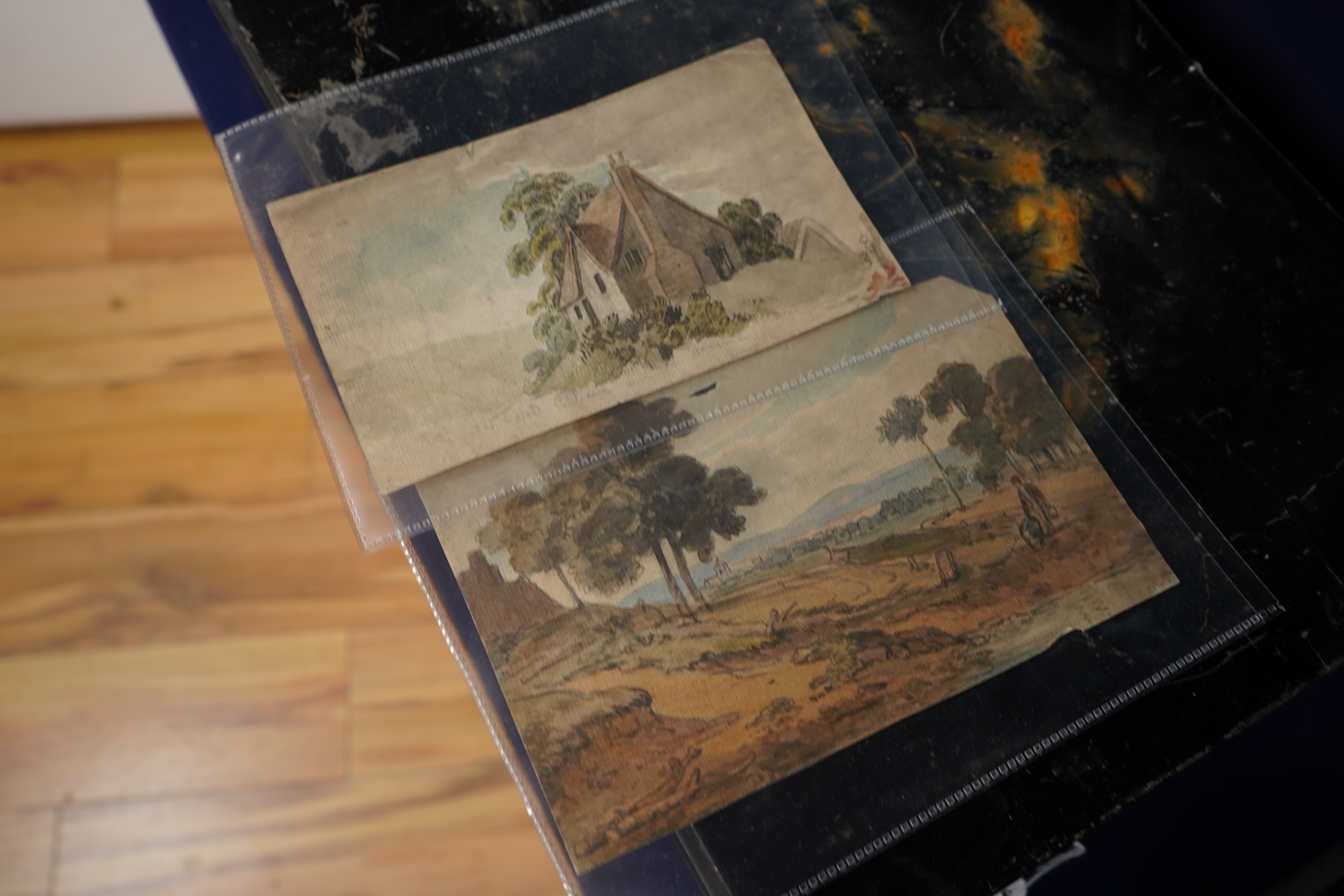 A collection of 18th and 19th century inks, watercolours and pencil sketches, predominantly landscapes and figural works, unsigned, unframed, largest 34 x 46cm